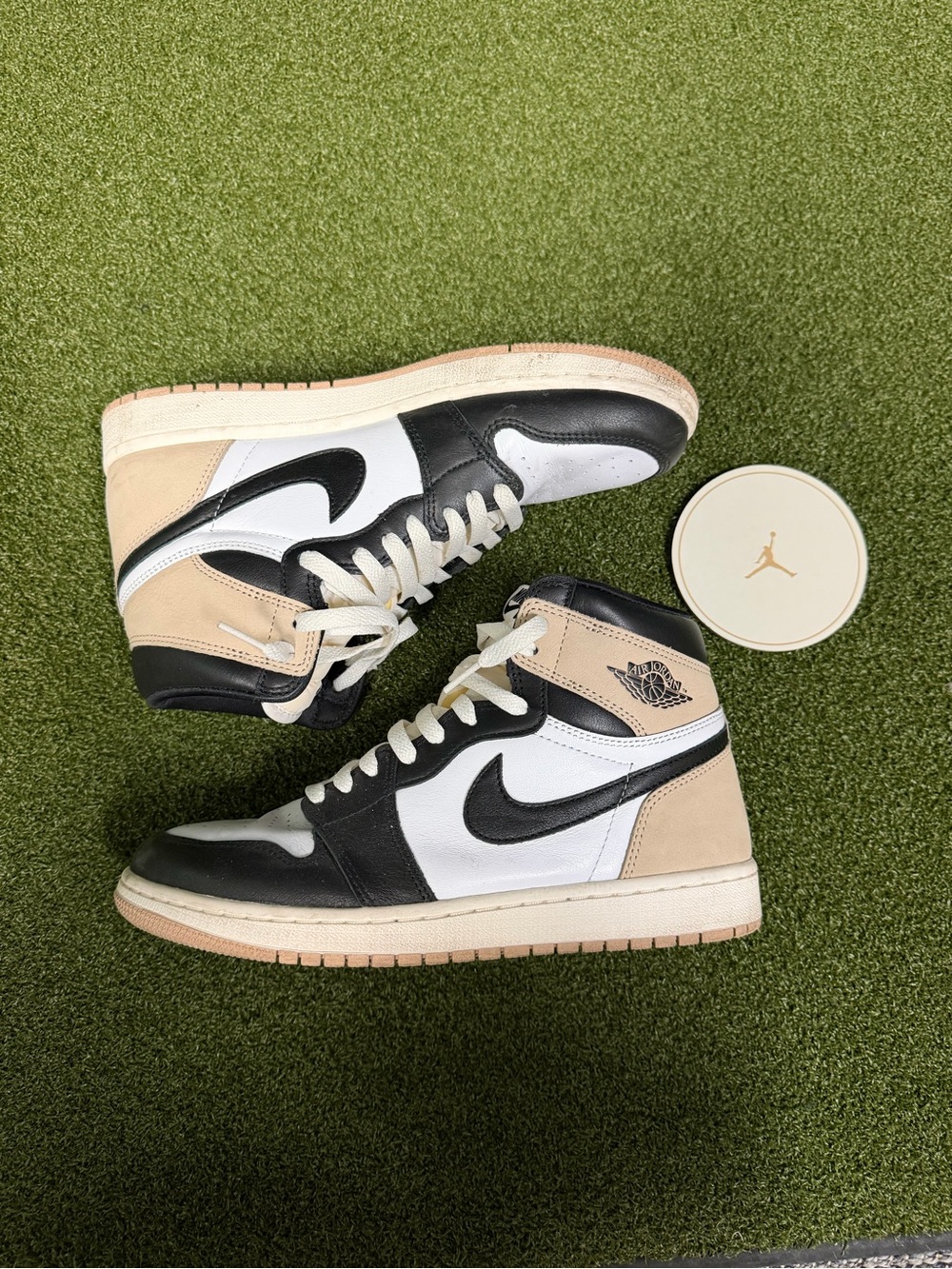 Jordan High-Top Sneakers in Black, White & Beige